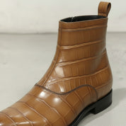 Men's Tan Crocodile-Embossed Leather Ankle Boots