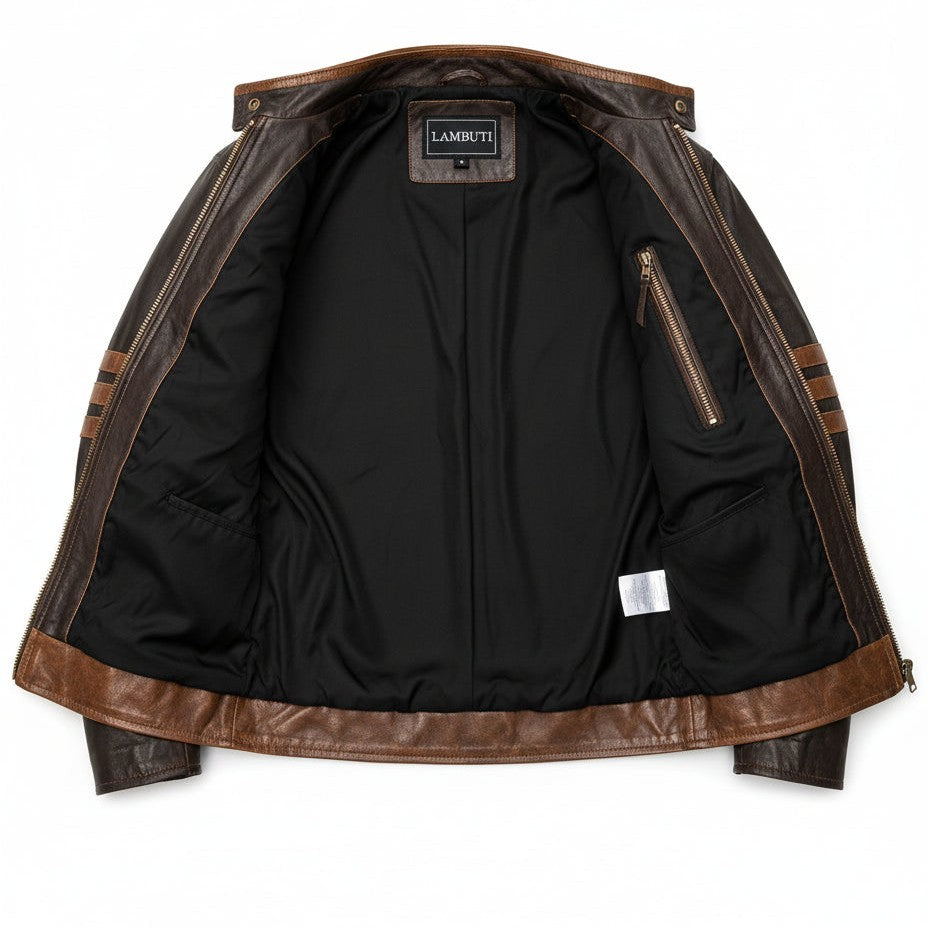 Men's Dark Brown and Tan Leather Biker Jacket