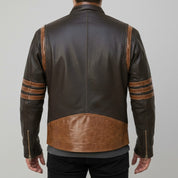 Men's Dark Brown and Tan Leather Biker Jacket
