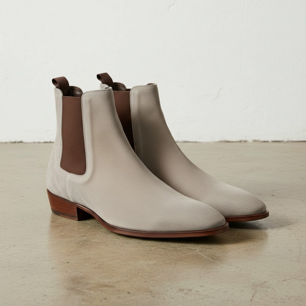 Men's Tan and Light Gray Plain-Toe Suede Chelsea Boots