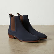 Men's Tan and Navy Blue Plain-Toe Suede Chelsea Boots
