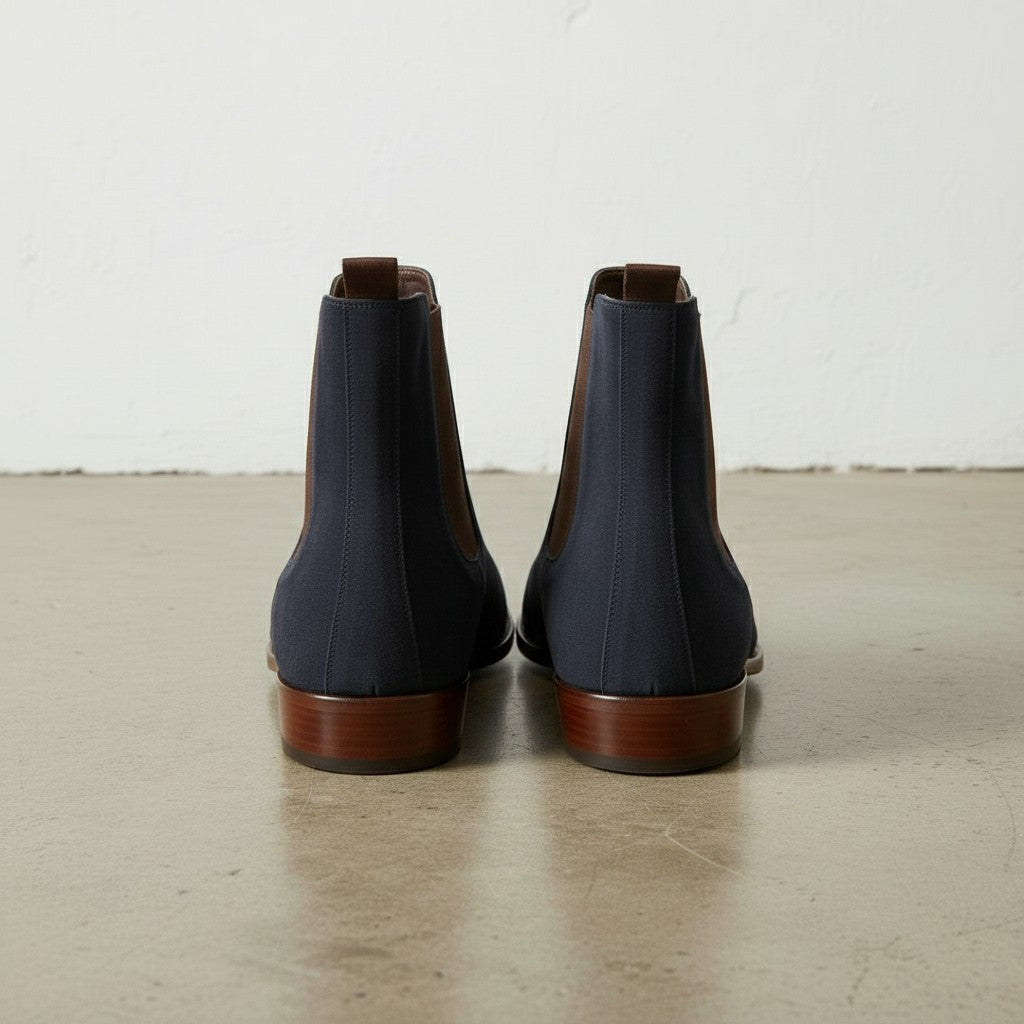 Men's Tan and Navy Blue Plain-Toe Suede Chelsea Boots