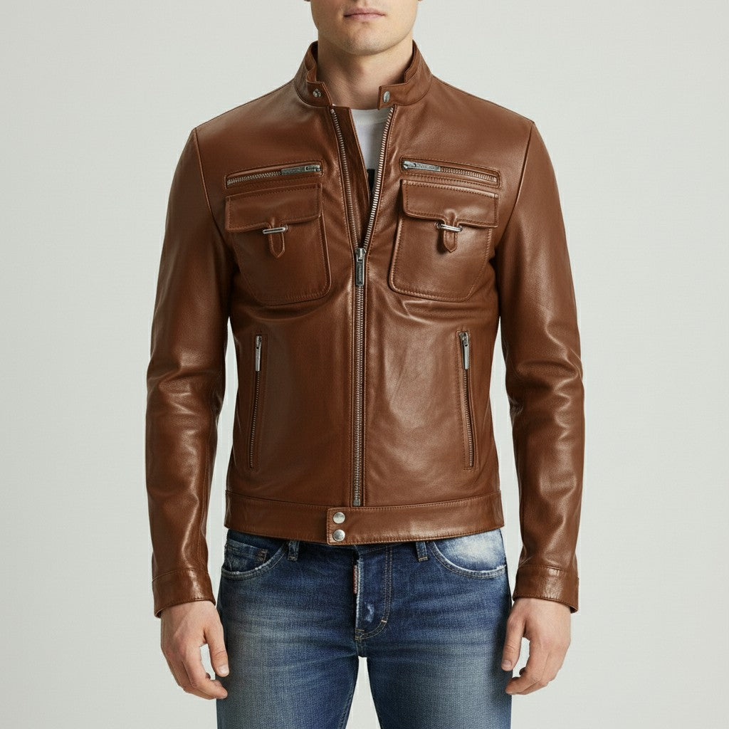 Men's Brown Slim Fit Leather Biker Jacket