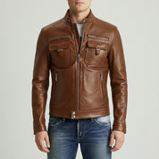Men's Brown Slim Fit Leather Biker Jacket