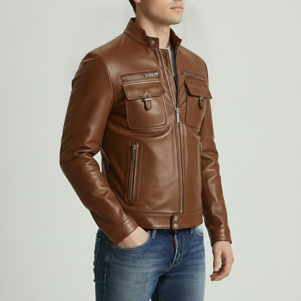 Men's Brown Slim Fit Leather Biker Jacket