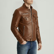 Men's Brown Slim Fit Leather Biker Jacket