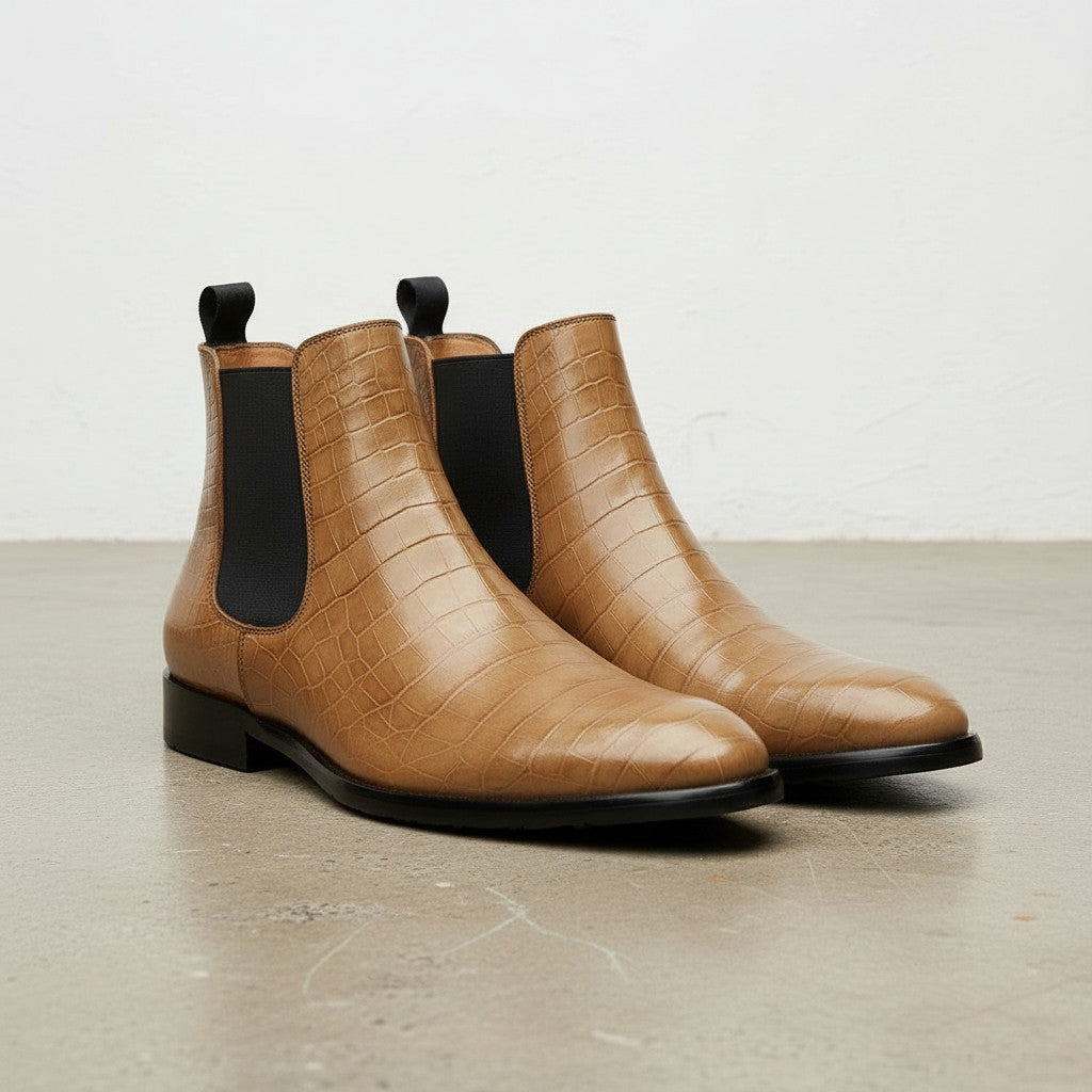 Men's Tan Crocodile-Embossed Leather Chelsea Boots