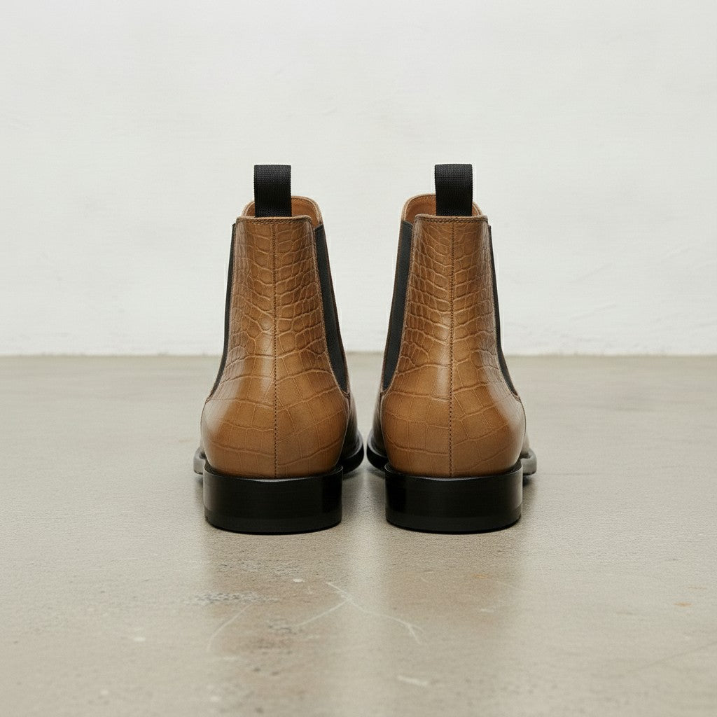 Men's Tan Crocodile-Embossed Leather Chelsea Boots