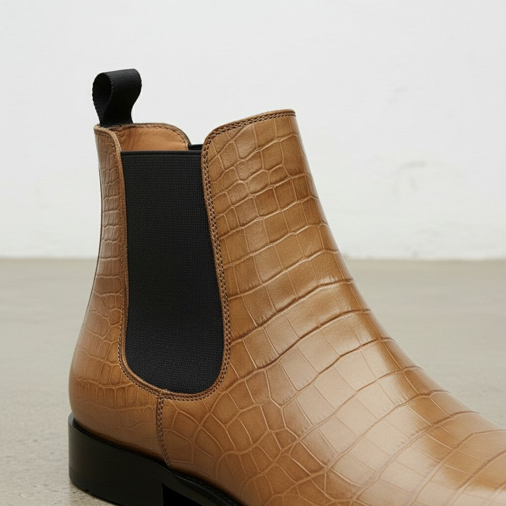 Men's Tan Crocodile-Embossed Leather Chelsea Boots