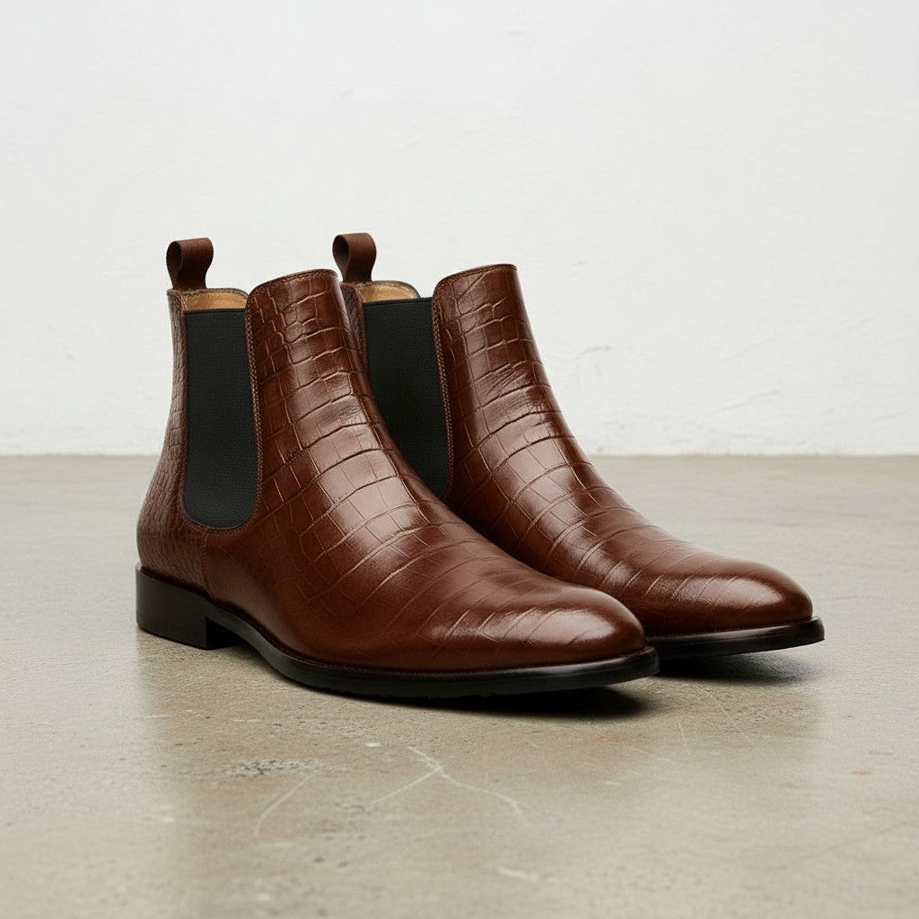 Men's Antique Brown Crocodile-Embossed Leather Chelsea Boots