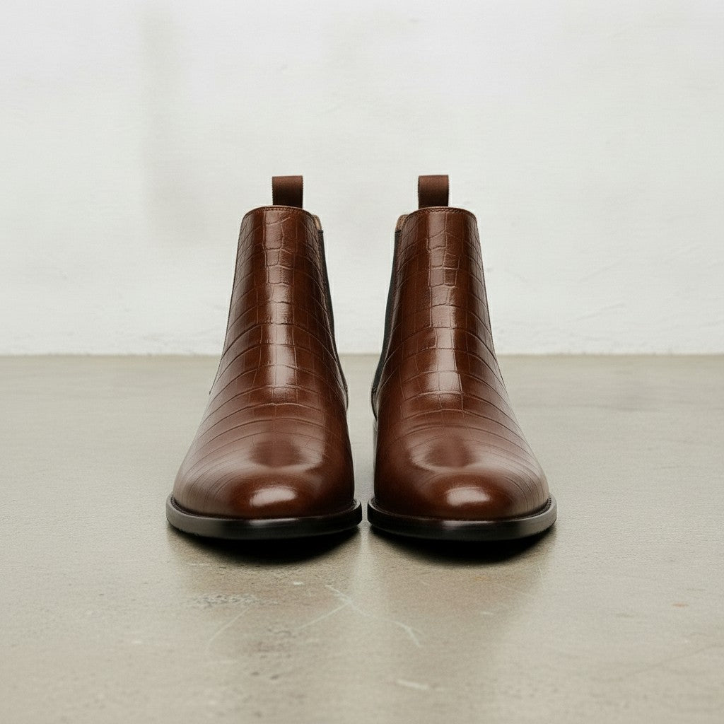 Men's Antique Brown Crocodile-Embossed Leather Chelsea Boots
