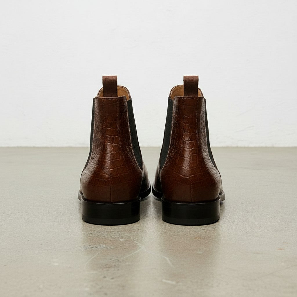 Men's Antique Brown Crocodile-Embossed Leather Chelsea Boots