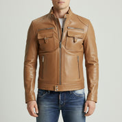 Men's Tan Slim Fit Leather Biker Jacket