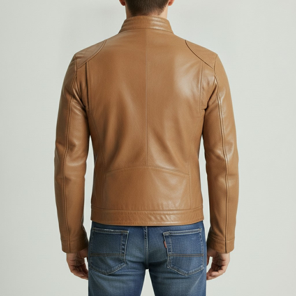 Men's Tan Slim Fit Leather Biker Jacket