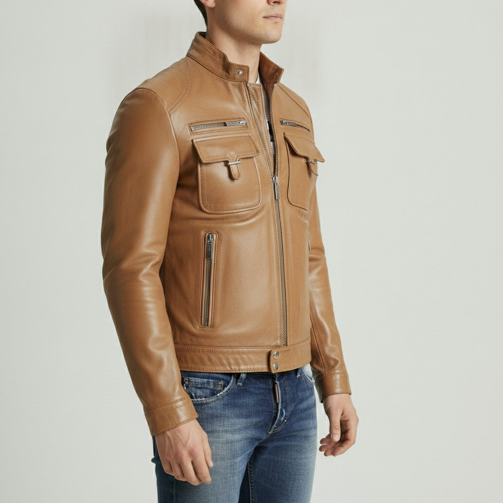 Men's Tan Slim Fit Leather Biker Jacket
