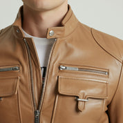 Men's Tan Slim Fit Leather Biker Jacket