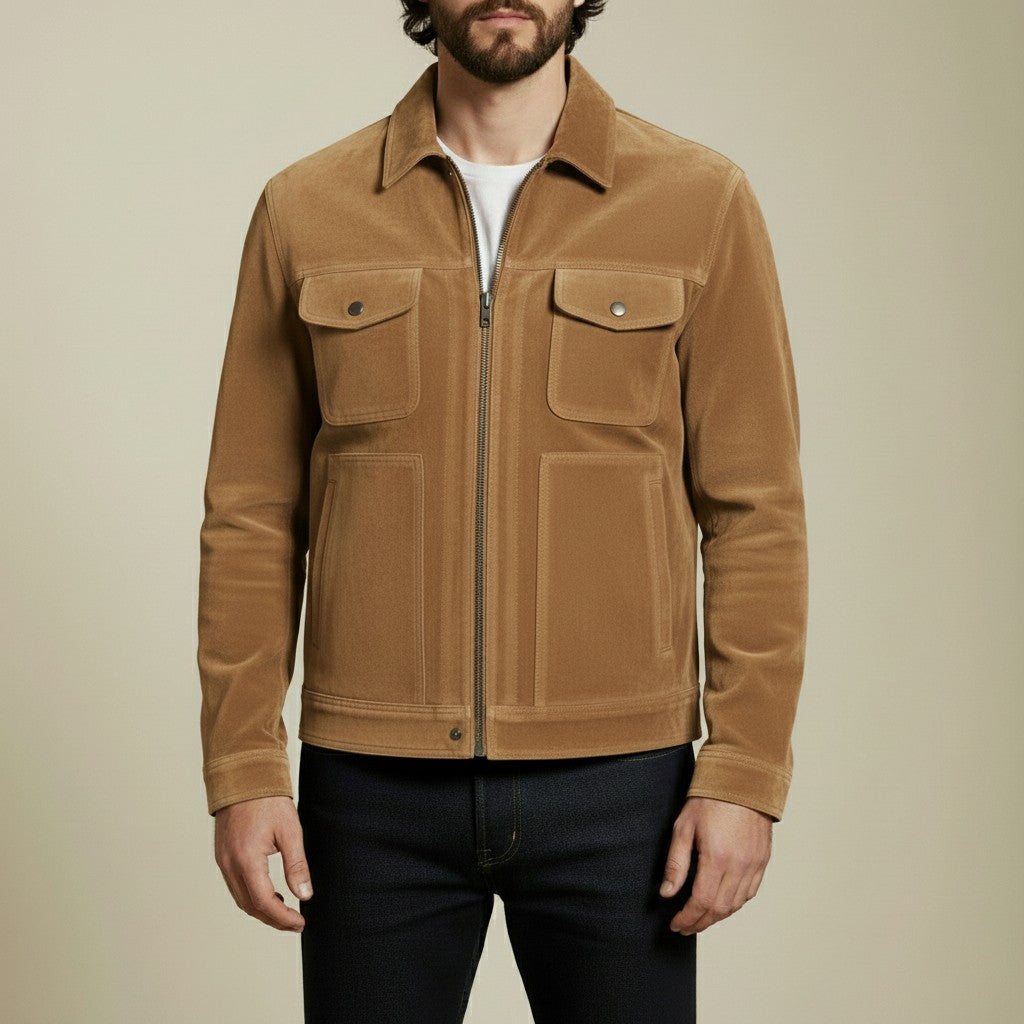 Men's Tan Suede Trucker Jacket