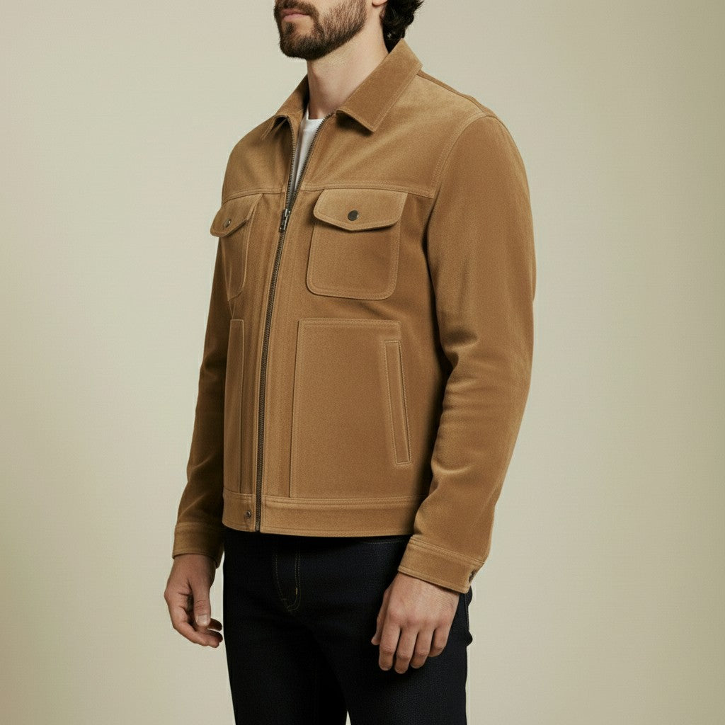 Men's Tan Suede Trucker Jacket