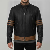 Men's Black and Brown Leather Biker Jacket