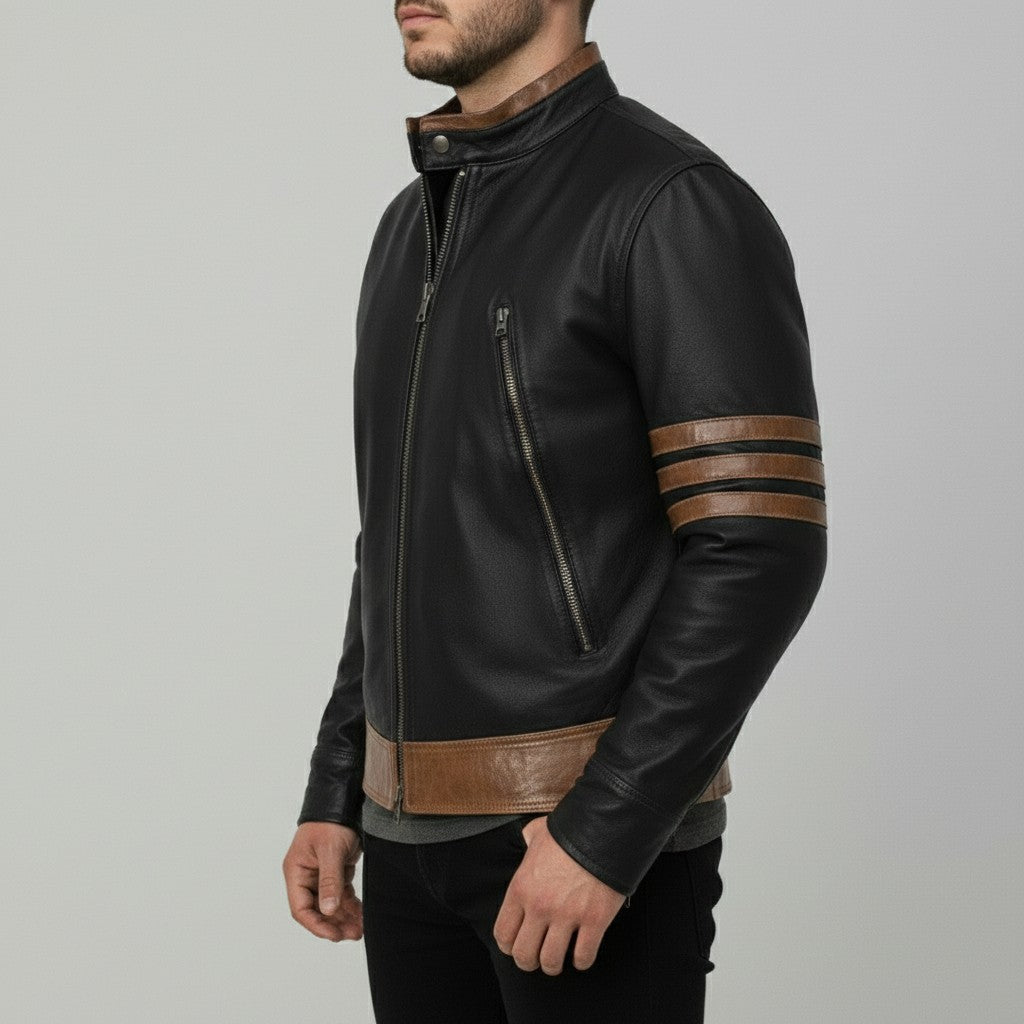 Men's Black and Brown Leather Biker Jacket