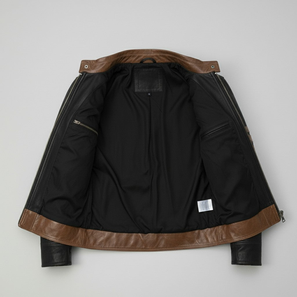 Men's Black and Brown Leather Biker Jacket