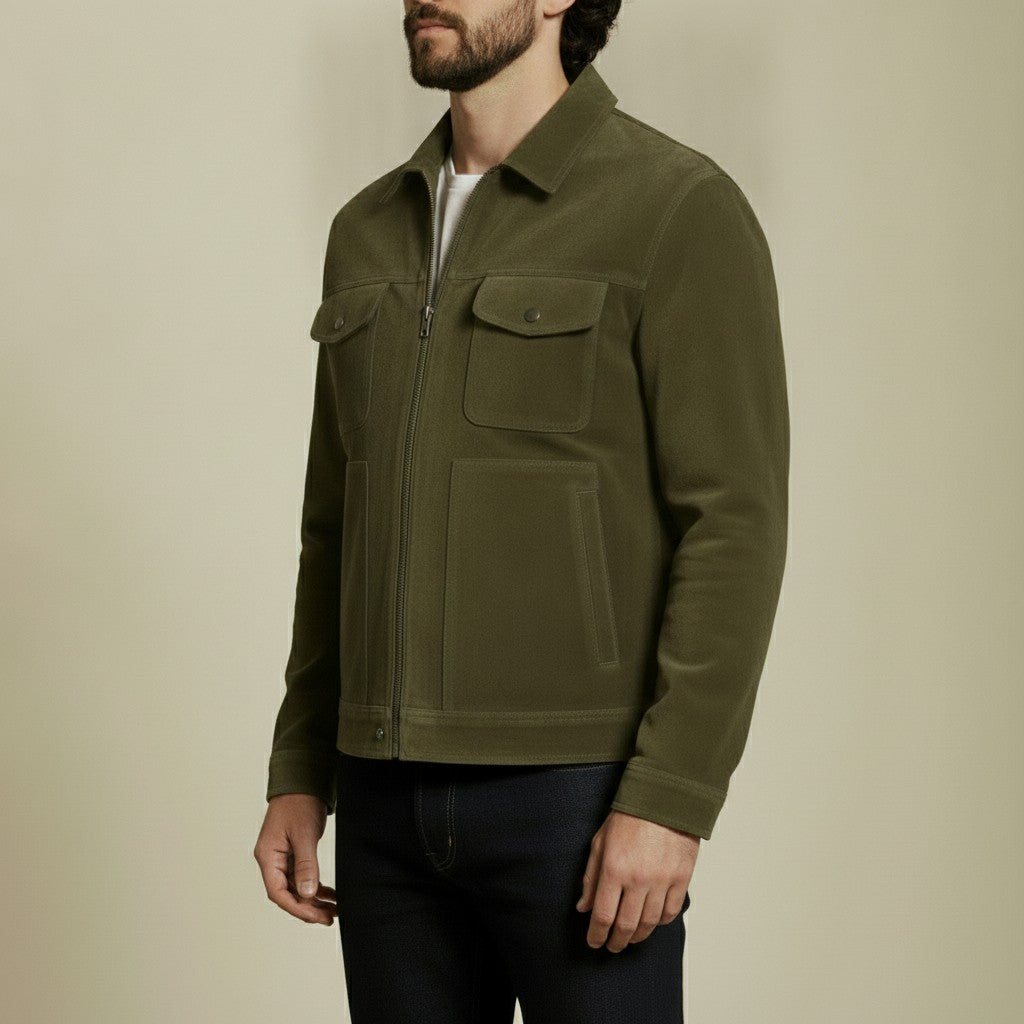 Men's Olive Green Suede Trucker Jacket