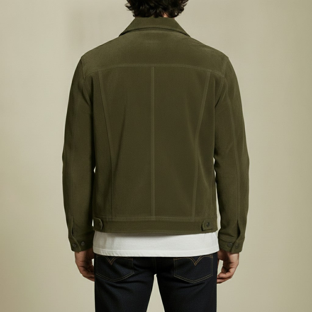 Men's Olive Green Suede Trucker Jacket