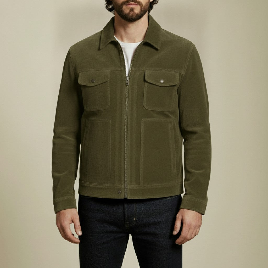 Men's Olive Green Suede Trucker Jacket