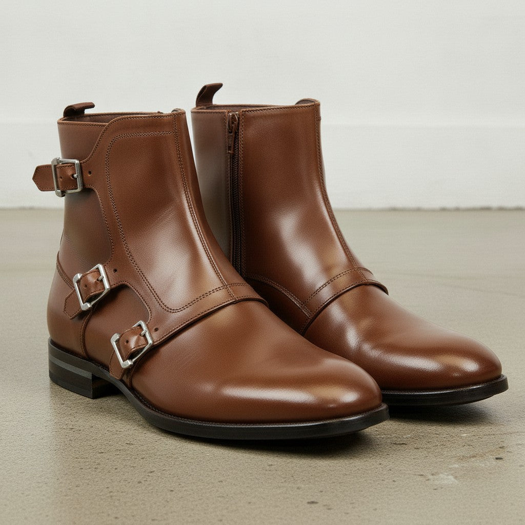 Men's Brown Plain-Toe Leather Monk Boots