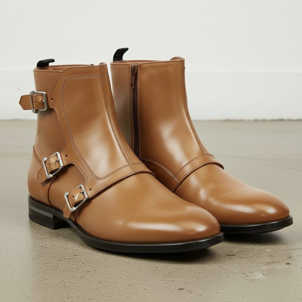 Men's Tan Plain-Toe Leather Monk Boots