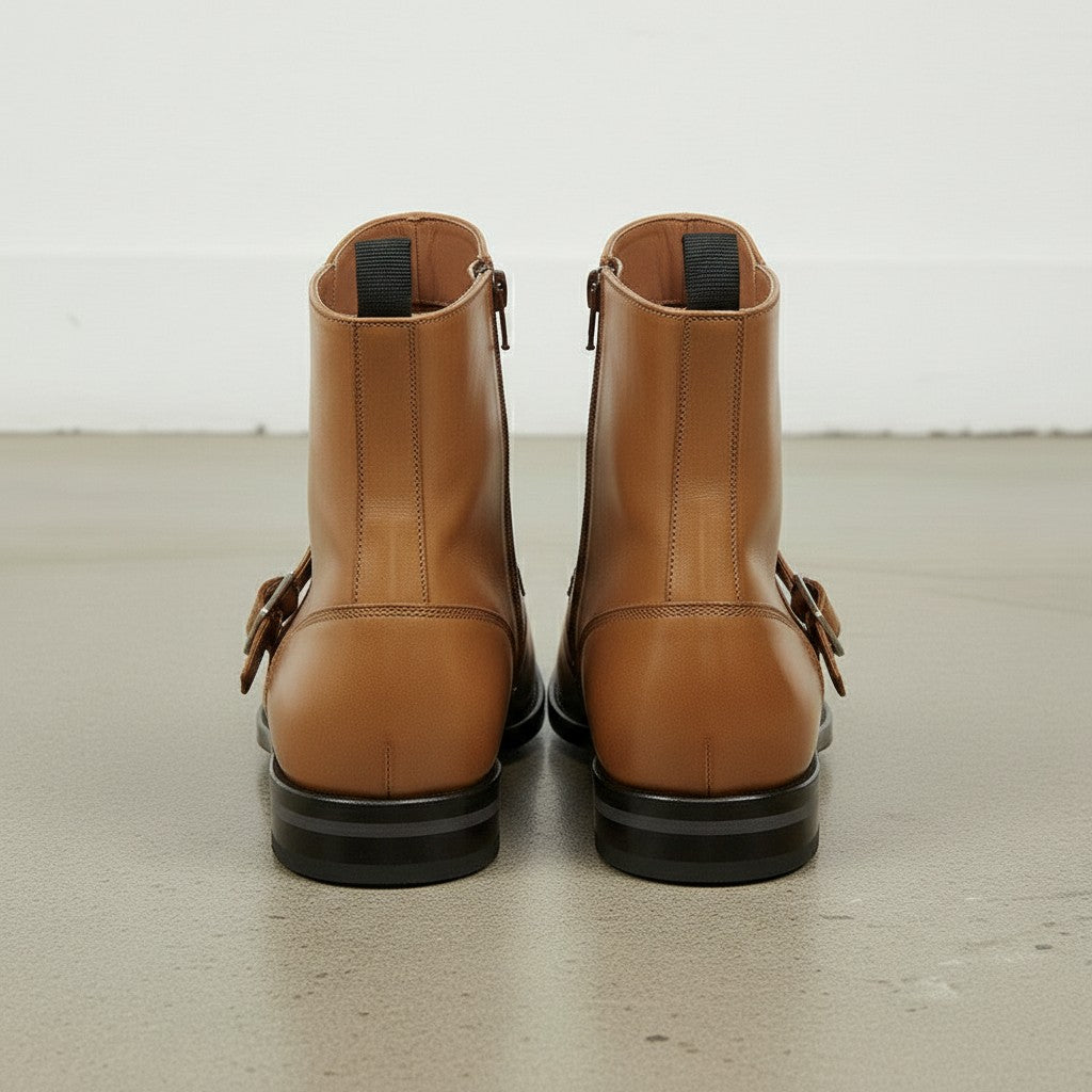 Men's Tan Plain-Toe Leather Monk Boots