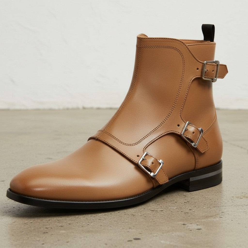 Men's Tan Plain-Toe Leather Monk Boots