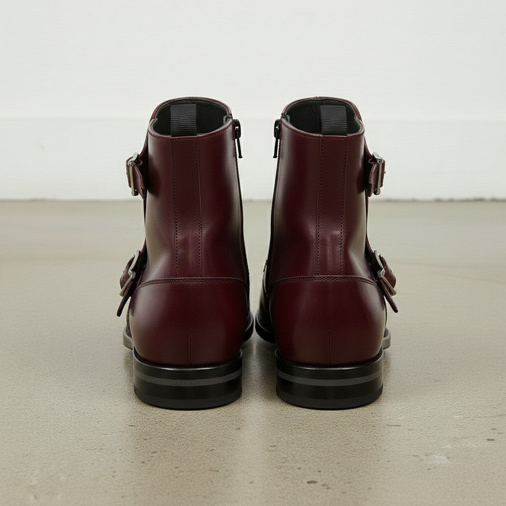 Men's Burgundy Plain-Toe Leather Monk Boots