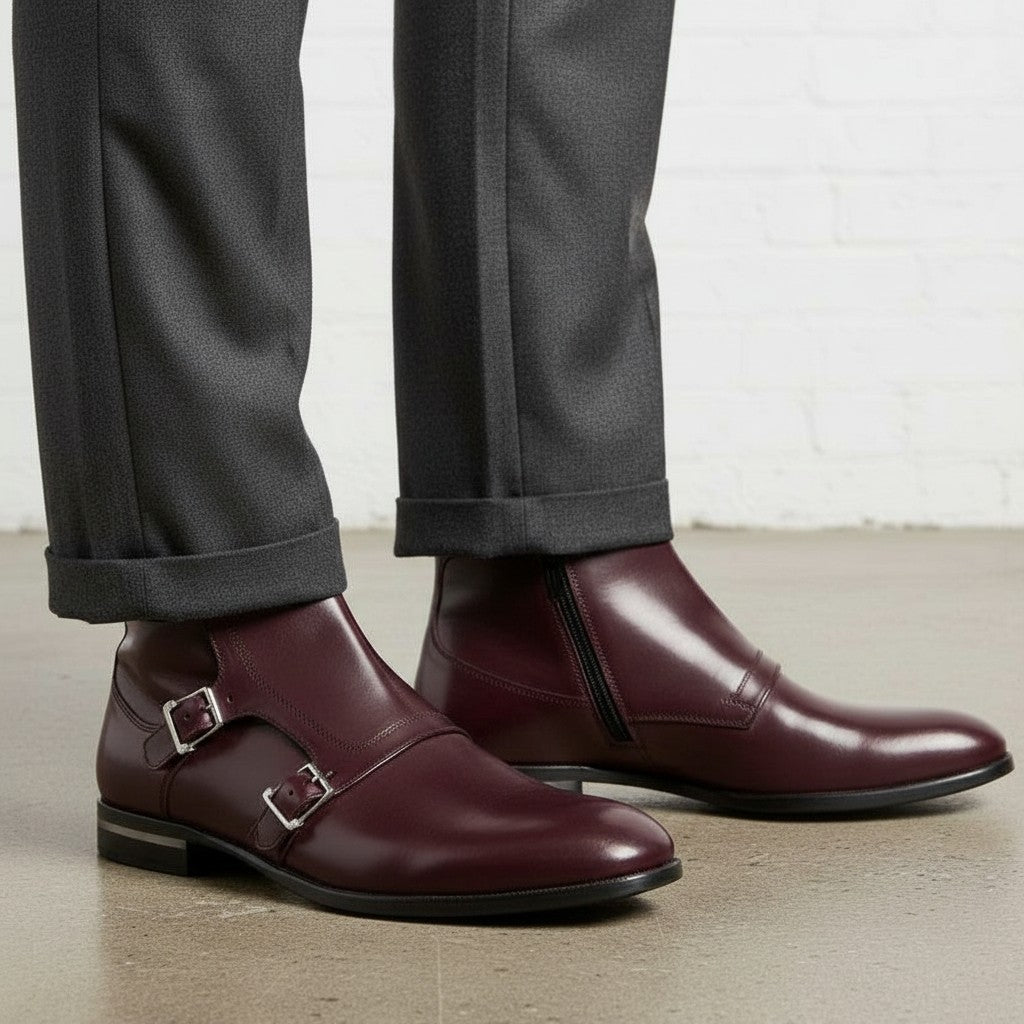 Men's Burgundy Plain-Toe Leather Monk Boots