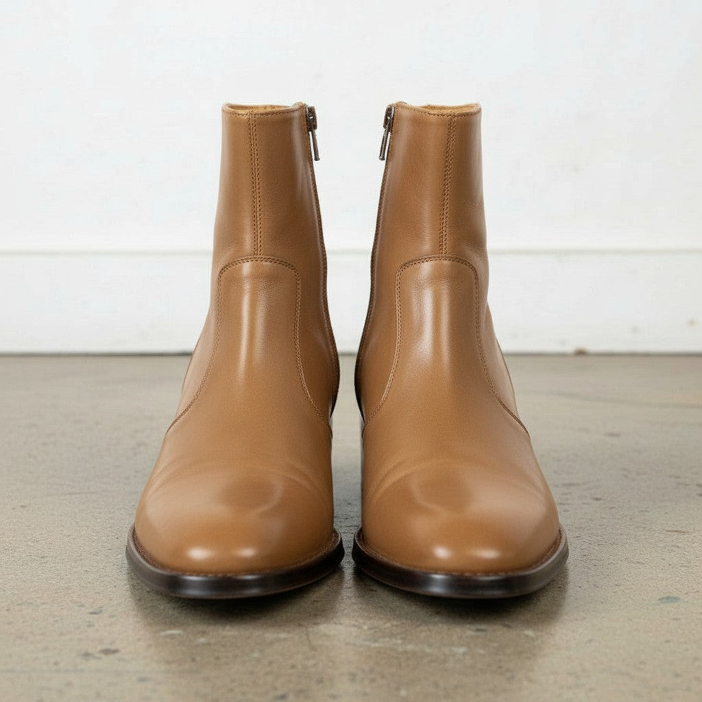 Men's Tan Plain-Toe Zip Leather Ankle Boots
