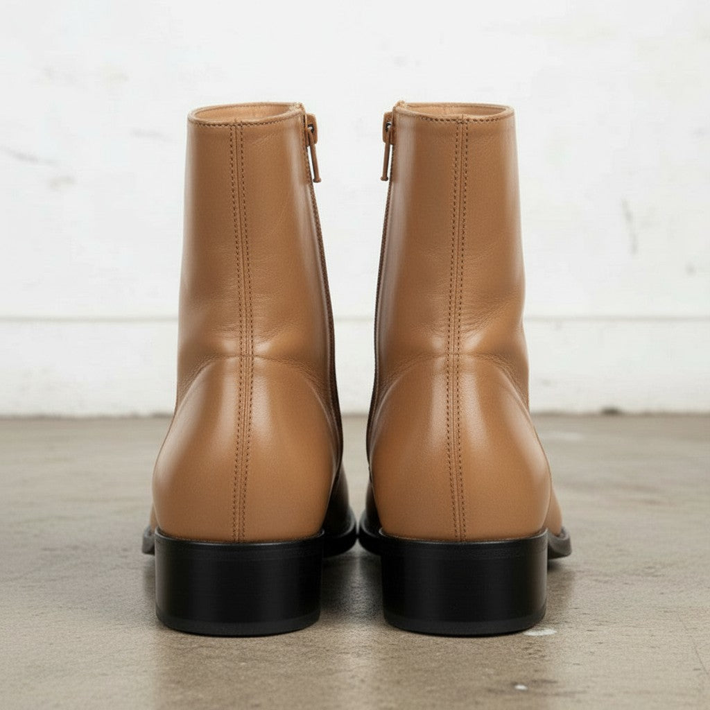 Men's Tan Plain-Toe Zip Leather Ankle Boots