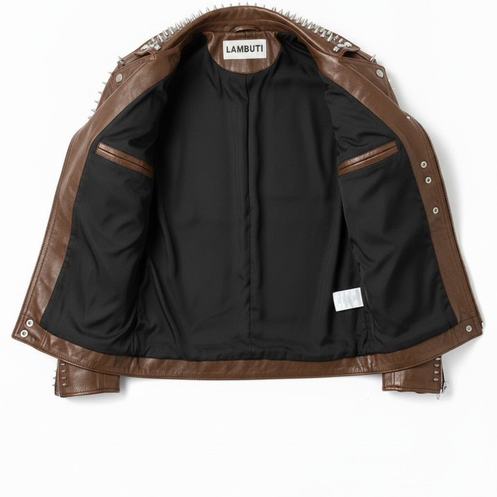 Men's Brown Embroidered Studded Leather Biker Jacket