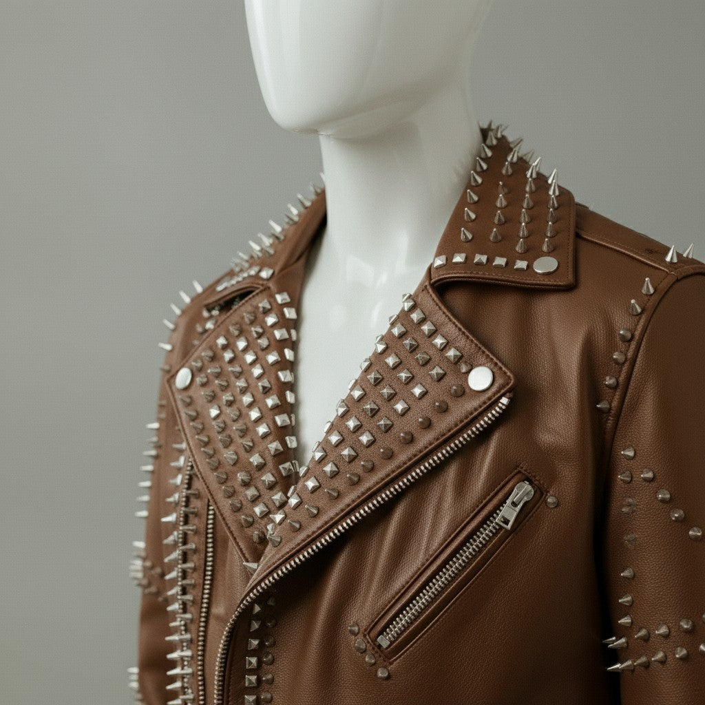 Men's Brown Embroidered Studded Leather Biker Jacket