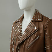 Men's Brown Embroidered Studded Leather Biker Jacket