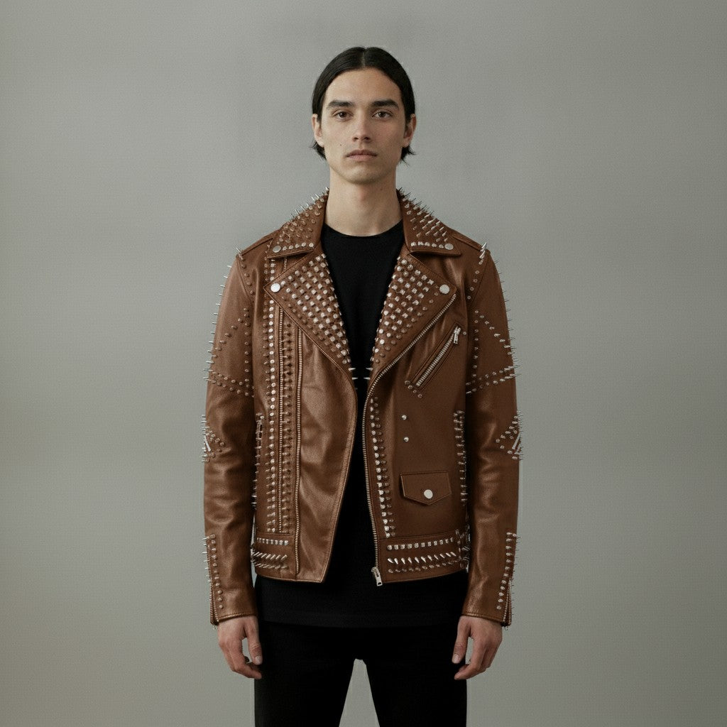 Men's Brown Embroidered Studded Leather Biker Jacket