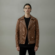 Men's Brown Embroidered Studded Leather Biker Jacket