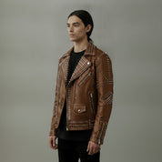 Men's Brown Embroidered Studded Leather Biker Jacket