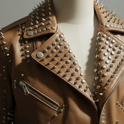Men's Tan Embroidered Studded Leather Biker Jacket