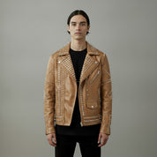 Men's Tan Embroidered Studded Leather Biker Jacket