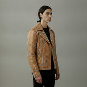 Men's Tan Embroidered Studded Leather Biker Jacket