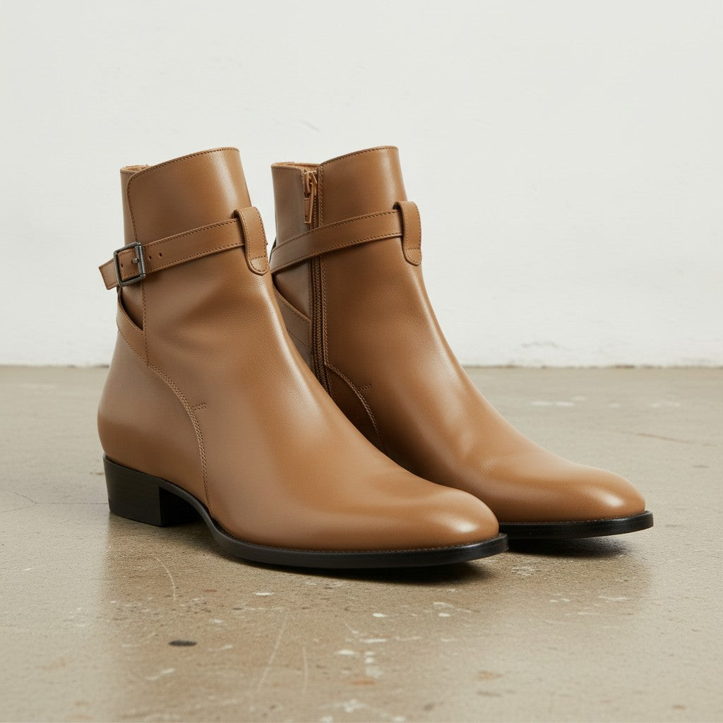 Men's Tan Plain-Toe Leather Ankle Boots