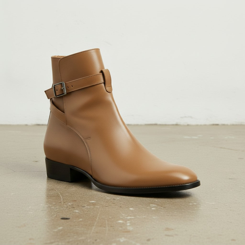 Men's Tan Plain-Toe Leather Ankle Boots