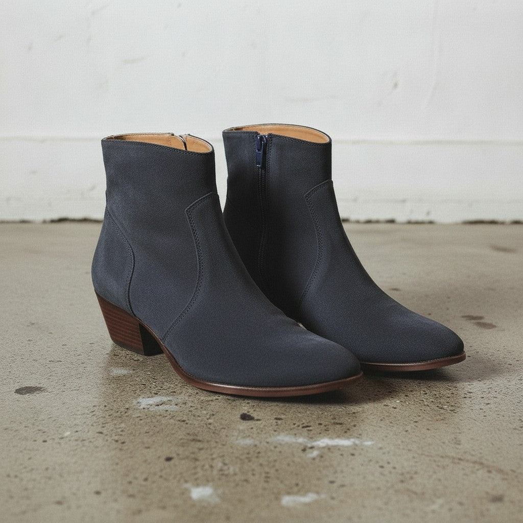 Women's Navy Blue Plain-Toe Suede Ankle Boots
