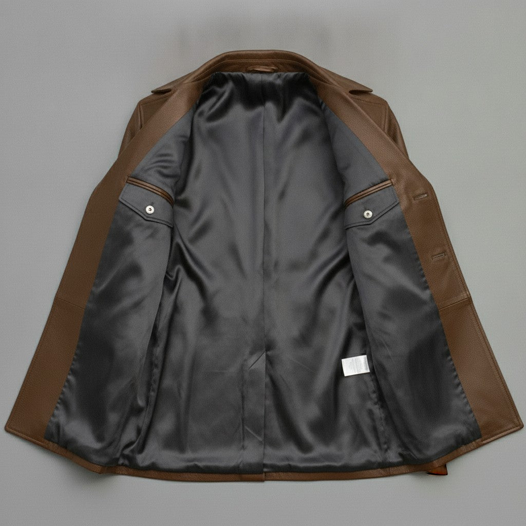 Men's Brown Leather Trench Coat