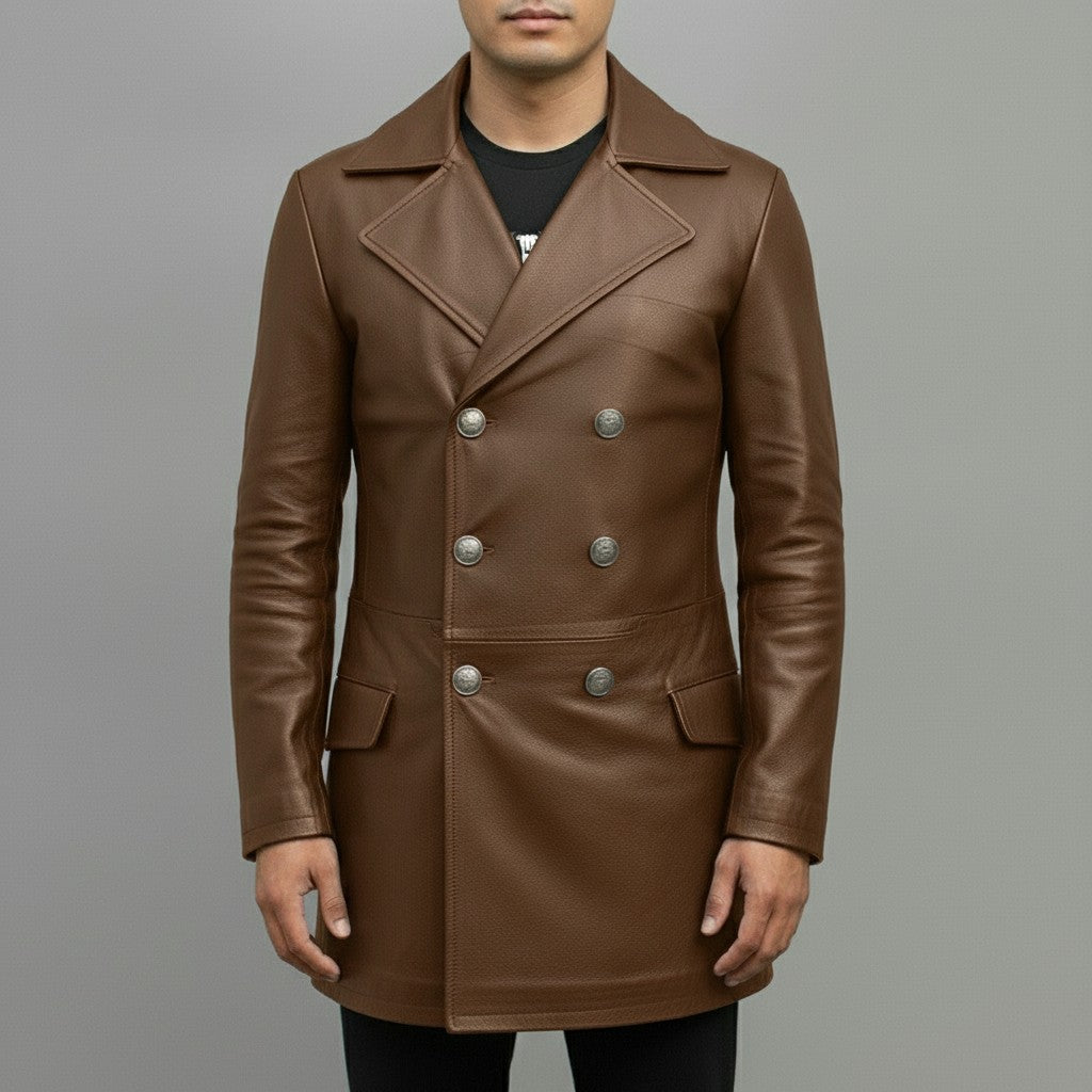 Men's Brown Leather Trench Coat